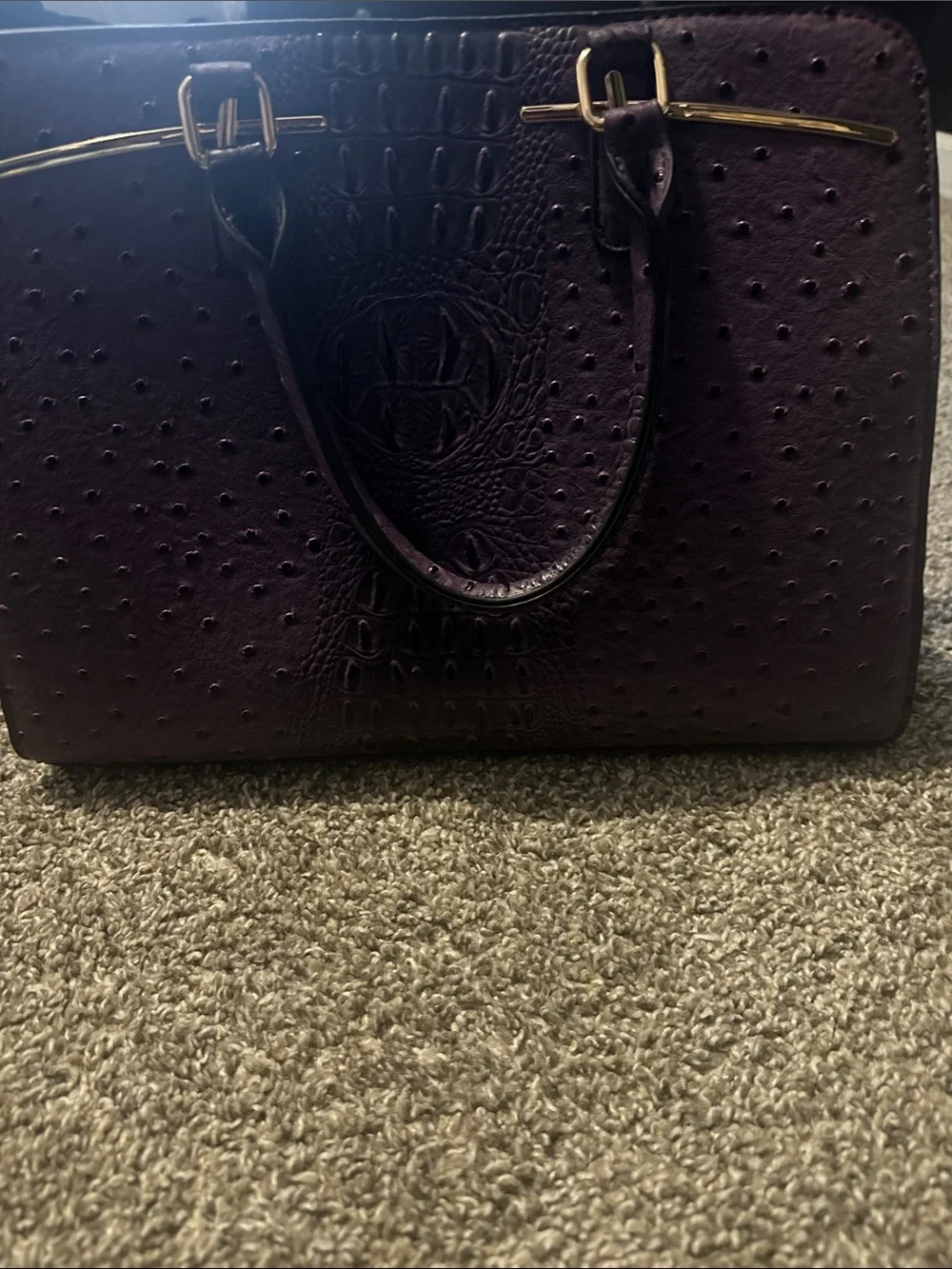 Structured Croc-Embossed Satchel in Plum with Gold Accents